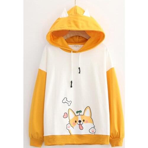 2020 New Women Casual Hooded Hoodie Cute Puppy Print Funny Hoodies Sweatshirts Long Sleeve Pullover With Ears On Hood Tracksuit