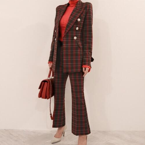 Autumn and winter new womens Korean version of the British OL plaid temperament double-breasted jacket Slim fashion two-piece