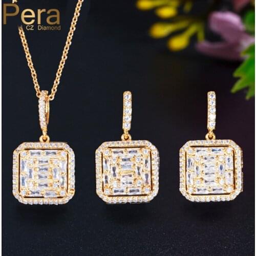 Pera High Quality Shiny Cubic Zirconia Yellow Gold Big Square Dangle Pendant Necklace Earrings for Women Prom Jewelry Sets J380