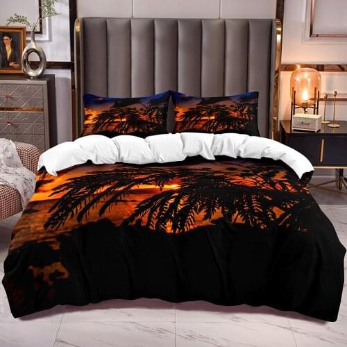 Sunset Seaside Pattern 3D Duvet Cover with Zipper Botanical Print Bedding Comforter Cover Zipper Closure Corner Ties