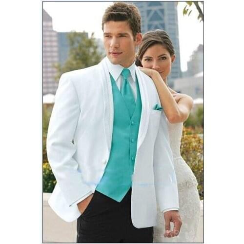 Custom Made Best Selling White Groom Mens Tuxedo Suits,Bespoke White Tuxedo With Blue Vest,Tailored 1 Button Peak Lapel Coat
