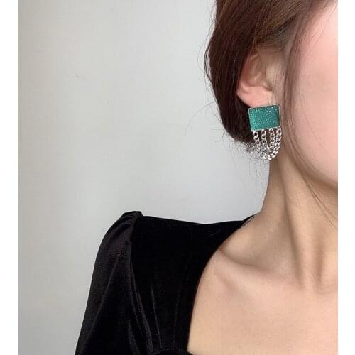 SRCOI Trendy Retro Square Shiny Green Glass Rhinestone Stud Earring Simple Short Tassel Chain Earring Women Jewelry 202104