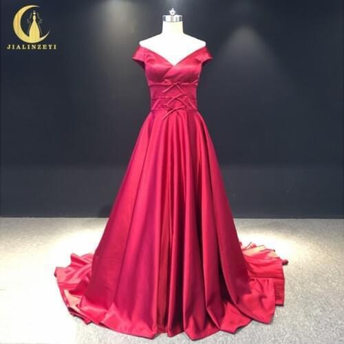 JIALINZEYI Real Sample Off the shoulder Red Saton Newest Arrival Fromal Dresses Evening Dresses