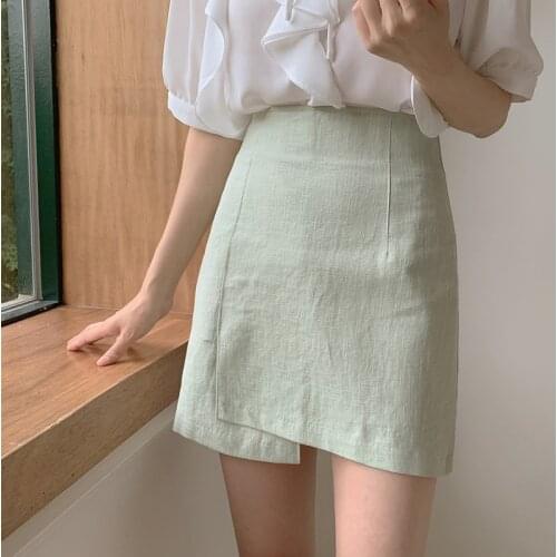 LJSXLS Solid Asymmetrical Pencil Skirt Women New Korean Buttocks High-waisted Skirt Summer All-match Mini Short Skirts Womens
