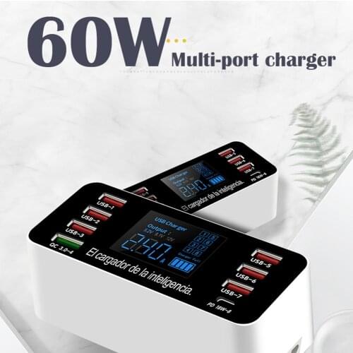 60W Mobile Phone Charging Station USB C Desktop 8 Ports USB Charger Hub Quick Charge 3.0 18W PD Charger LED Display Multi Ports