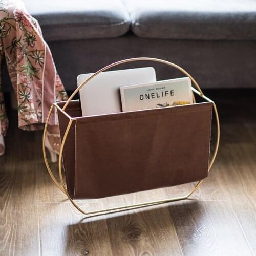 Iron metal frame leather metal frame floor newspaper newspaper magazine storage rack with clear texture creative handle bookshel