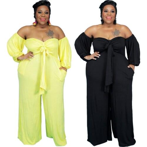 Women Sexy Plus Size Jumpsuits Yellow Black Loose Long Sleeves Off The Shoulder Wide Leg Lady Party Rompers Playsuit 4XL