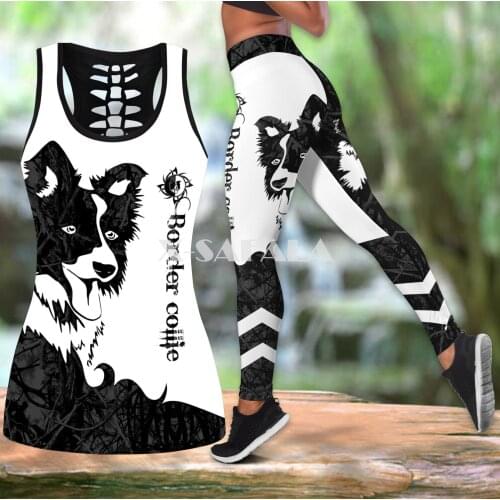 Border Collie Black Tattoos Two Piece Yoga Set Women 3D Print Vest Hollow Out Tank Top High Waist Legging Summer Casual Sport