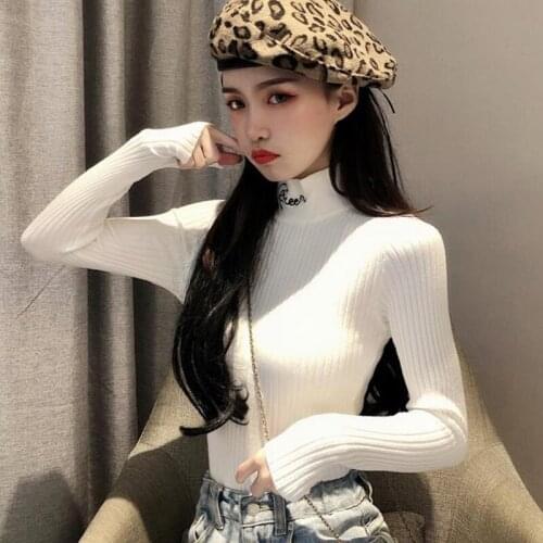 Women Knitted Jumper Autumn Winter Tops Letter Embroidery Turtleneck Pullover Casual Solid Long Sleeve Slim Short Sweater Female