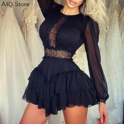 Women Sexy Long Sleeve Solid Stitching Lace Solid Color Ruffles Hem Mini Dress