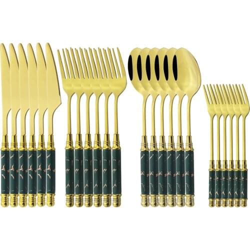 6Set Knives Cake Fork Spoon Cutlery Set Ceramic Handle Dinnerware Stainless Steel Tableware Silverware with Plastic Storage Tray