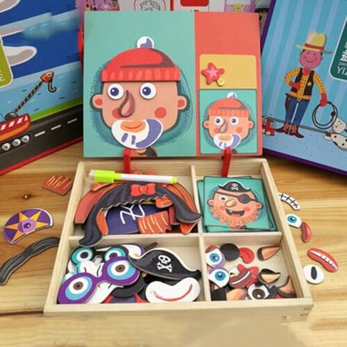 Wooden Magnetic Puzzles Toys Educational Game Wooden Cognitive Pairing Beneficial Intelligence Magnetic Paste Face Feature Toys