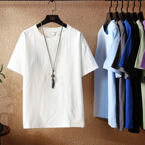 Male Short Sleeve Linen Button T-Shirt O-neck Fashion Summer solid Casual Loose Blouse Tee Top Men Clothing