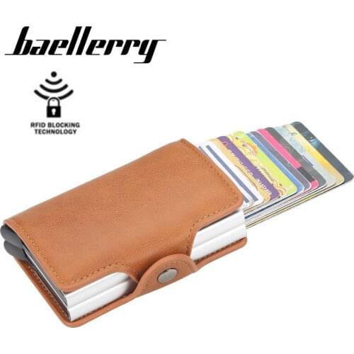 Baellerry Small Men Card Holder with PU Leather Automatic Spring Bimetal Aluminum Box Card Case Buckle Passport Clips for Male