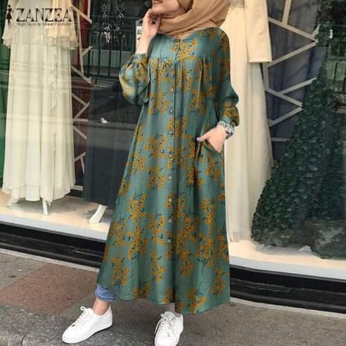Muslim Dress Kaftan Robe Sundress ZANZEA Women Long Sleeve Floral Printed Maxi Dress Autumn Vintage Striped Loose Vestidos Femme