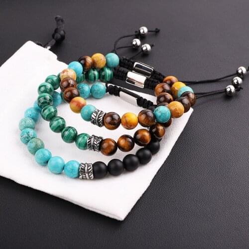 Men Bracelet New Design Stainless Steel Vintage Leaf Feather Charm Natural Stone Adjustable Macrame Bacelet Men