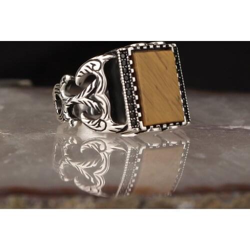 Natural Tigereye Stone 925 Silver Engraved Traditional Ring Handmade Turkish Signet Rings Rock Jewelry Gift for Women Men