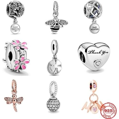Newst 925 Sterling Silver Beads Pink Daisy Flower Clip penwork Dragonfly Fit Original Pandora Charms silver 925 Bracelet Jewelry