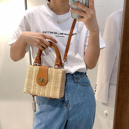 New Arrival Women Fashion Rattan Bag PU Handle Casual Straw Bag Female Beach Bag ML132