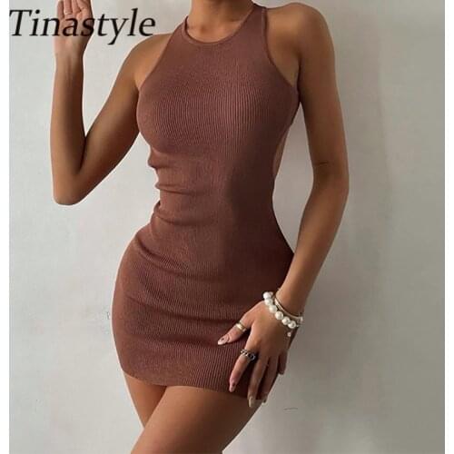 Tinastyle Black Casual Skinny Mini Tank Dress Women O Neck Cross Backless Bodycon Summer Dress 2021 Nightclub Party Dress Outfit