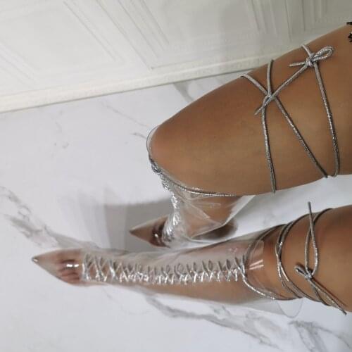 Street Transparent PVC Over Knee Boots Pointed Toe Thin High Heel Cross tie Lace Up Thigh Booties Patchwork Lucency Boots
