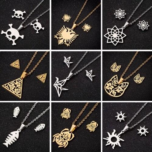 Sasusp Stainless Steel Sets Skull Fish Albanian Eagle Crane Cat Necklace Ear Studs Jewelry For Women Kids Gift