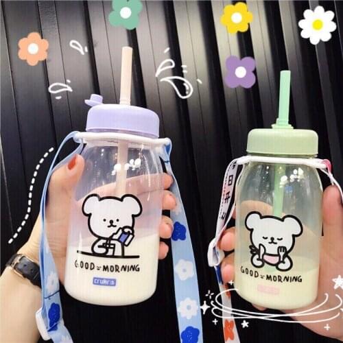 Cartoon Puppy Straw Cup High Temperature Resistant Student Milk Bottle with Straw Lifting Rope Korean Oblique Span Plastic Cup
