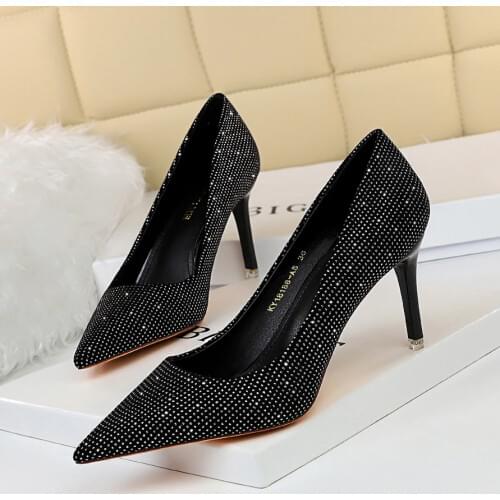 BIGTREE Plus Size 34-43 Woman Elegant Office Shoes Fashion Pointed Toe Women Pumps Flock Bling High Heels Womens Party Shoes