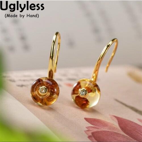 Uglyless Simple Fashion Perfect Round Earrings for Women Genuine 925 Silver Flower Amber Earrings Natural Jade Jewelry Crystals