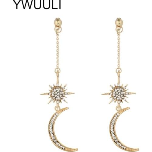 Korean Statement Rhinestone Moon Star Long Dangle Earrings for Women Elegant Chain Luxury Pendientes Fashion Jewelry XR1434