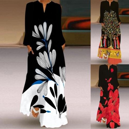 Summer Casual Stylish Female Long Dress Vintage Print V Neck Women Long Sleeve Large Hem Insert Pockets Maxi Dress for Beachwear