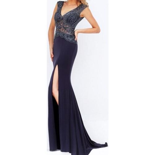 Sultry and stunning slim beaded high slit 2 pieces long chiffon V neck mermaid skirt evening gown outlet dresses