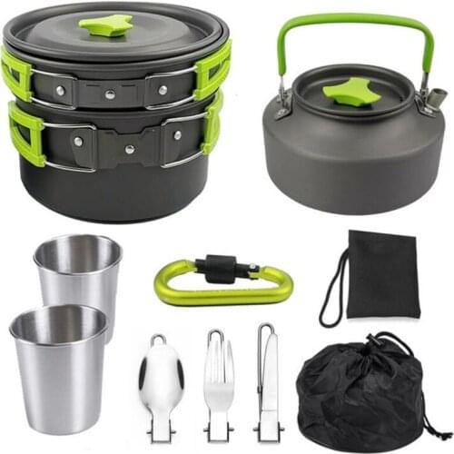 1 Set Outdoor Pots Pans Camping Cookware Picnic Cooking Set Non-stick Tableware With Foldable Spoon Fork Knife Kettle Cup