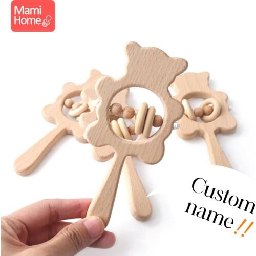 1pc Baby Play Gym Toys Beech Rattle Wood Bear Hand Teething Wooden Ring Custom Name Baby Rattle Kid Montessori Educational Toys