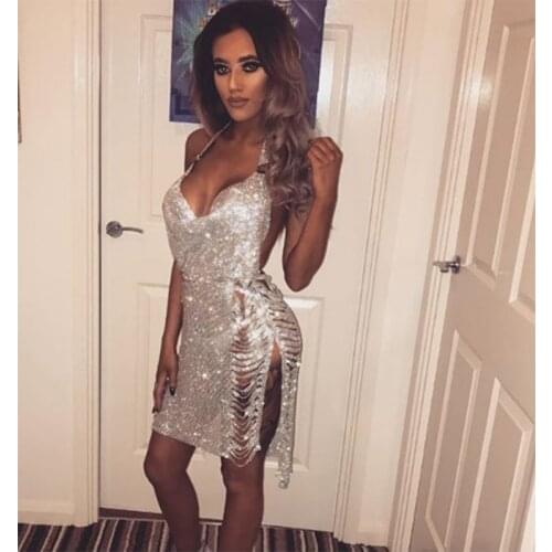 Shining Rhinestone Backless Mini Dress Women 2020 Sexy Deep V Neck Beach Nightclub Party Club Bling Dresses