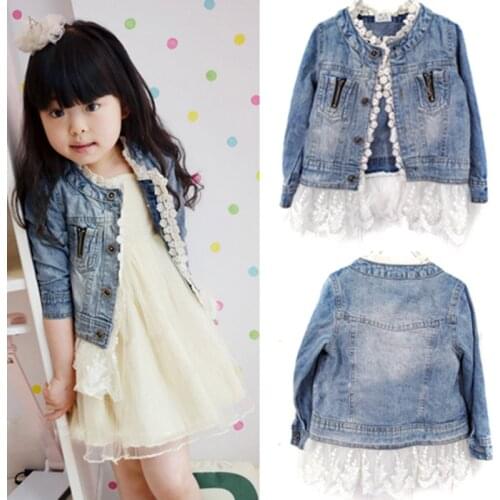 Children Girls Jeans Outerwears Jacket Kids Lace Coat Long Sleeve Button Denim Jackets For Girls 2-7Y Spring Autumn Fashion