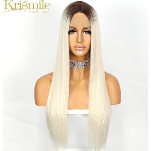 Long Straight Synthetic Lace Wig Ombre White Blonde T Middle Parting Wig Daily Wear for Women Cosplay Party Heat Resistant