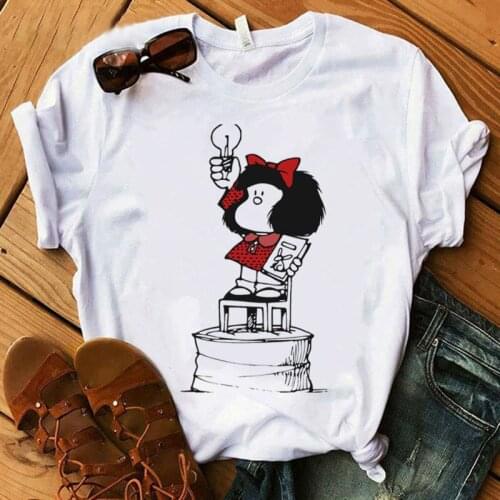 Womens short sleeve t-shirt, cartoon peace mafalda or I want coffee short sleeve t-shirt, with kawaii print, round collar, funn