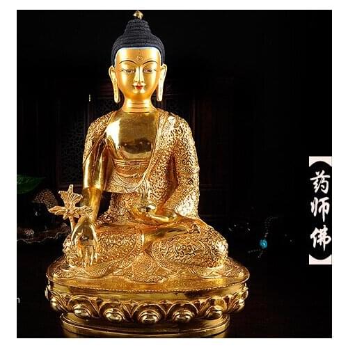 GOOD Buddha statue # 32 cm # HOME Talisman efficacious Protection # Tibetan Buddhism Gilding brass Bhaisajyaguru Buddha statue