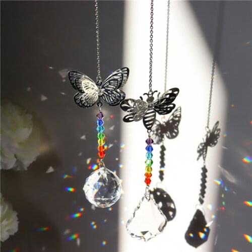 Butterfly Crystal Pendant Colorful Beads Hanging Drop for Outdoor Indoor Garden Window Wedding Chandelier DIY Decorations