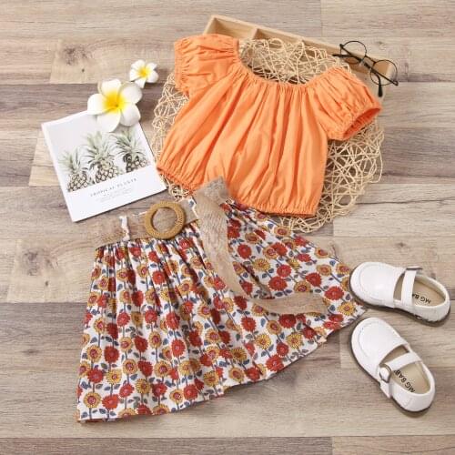 1-6Years Fashion Children Girls Summer Clothing Sets Puff Short Sleeve T-shirts+Belt Floral Print Mini Skirts Holiday Outfits