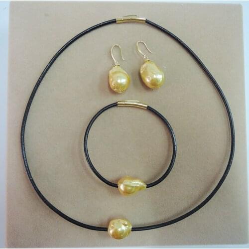 FRESHWATER PEARL JEWELRY SET NECKLACE,BRACELET,EARRING-TREATED GOLD baroque pearl,925 SILVER earring and leather ROPE,nice clasp