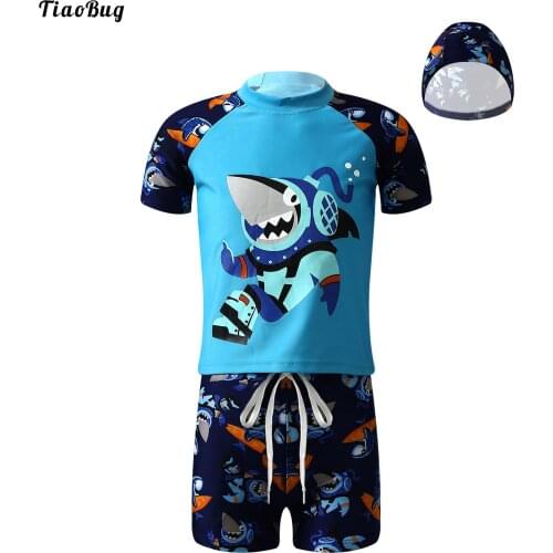 TiaoBug Summer 3Pcs Kids Boys Swimming Suit Round Neck Short Sleeves Cartoon Print Tops With Shorts And Hat Beach Pool Swimwear
