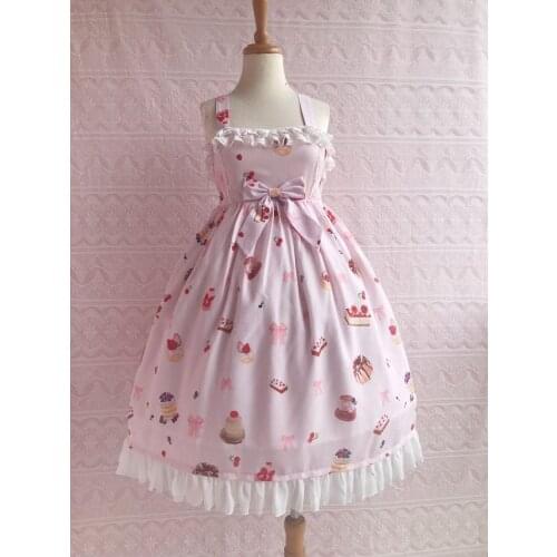 Sweet Lolita Dress Ruffles Cake Print Lace Lolita One Piece Dress Straps Lace Cute Dress