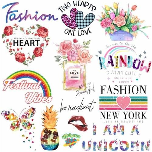Fashion Patch On Clothing Beautiful Flower Heat Vinyl Transfer Sticker DIY Washable T-Shirt Tops Patch Rainbow Thermal Sticker