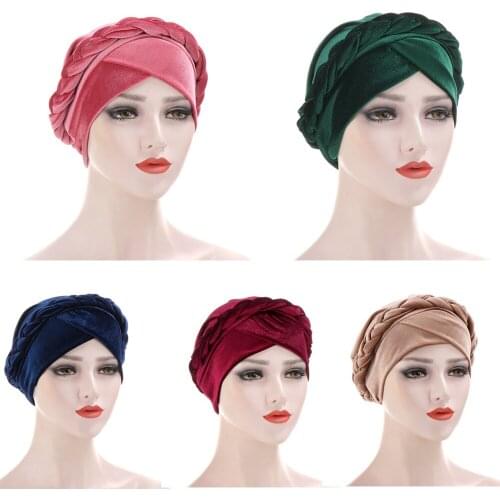 Muslim Women Velour Braid Cross Velvet Bead Braid Turban Hat Scarf Cancer Chemo Beanies Cap Hijab Headwear Headwrap Accessories