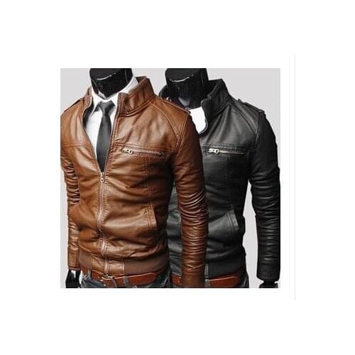New Arrive Arrive Leather Jacket Men Slim Fit Coat Stand Collar PU Male Leather Jacket With Zipper Outerwear Casual Leather Coat