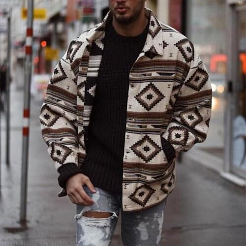 Zipper Jacket Male Casual Streetwear Coat Cardigan Jumpers Geometry Print Men Coat Turndown Collar Jacket Streetwear Casual Coat