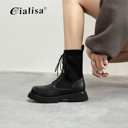 CIALISA Shoes Genuine Leather New Autumn Winter High Quality Chunky Heel Boot 2020 Fashion Casual Lace Up Round Toe Riding Boots
