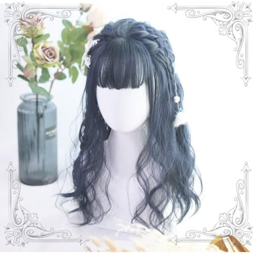 High Quality Lolita Dark Blue Daily Girl Mid-Length Curly Air Bangs Wig Cosplay Party
